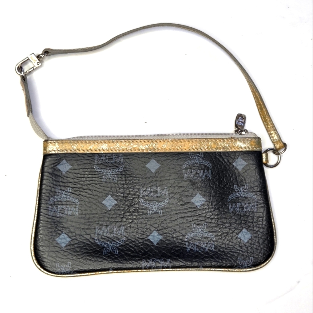 MCM Authentic Black Monogram Leather‎ Wristlet Clutch with Gold Trim